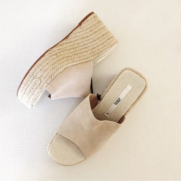 Zara Raffia Suede Platform Wedges NWT